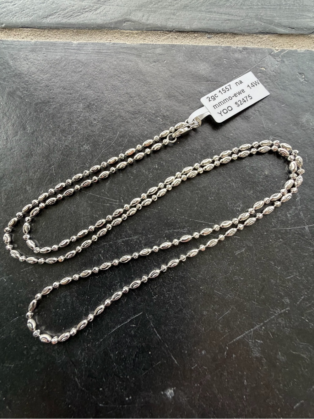 14kt. White Gold Mooncut Ovalia  Bead Chain Necklace  24” long
